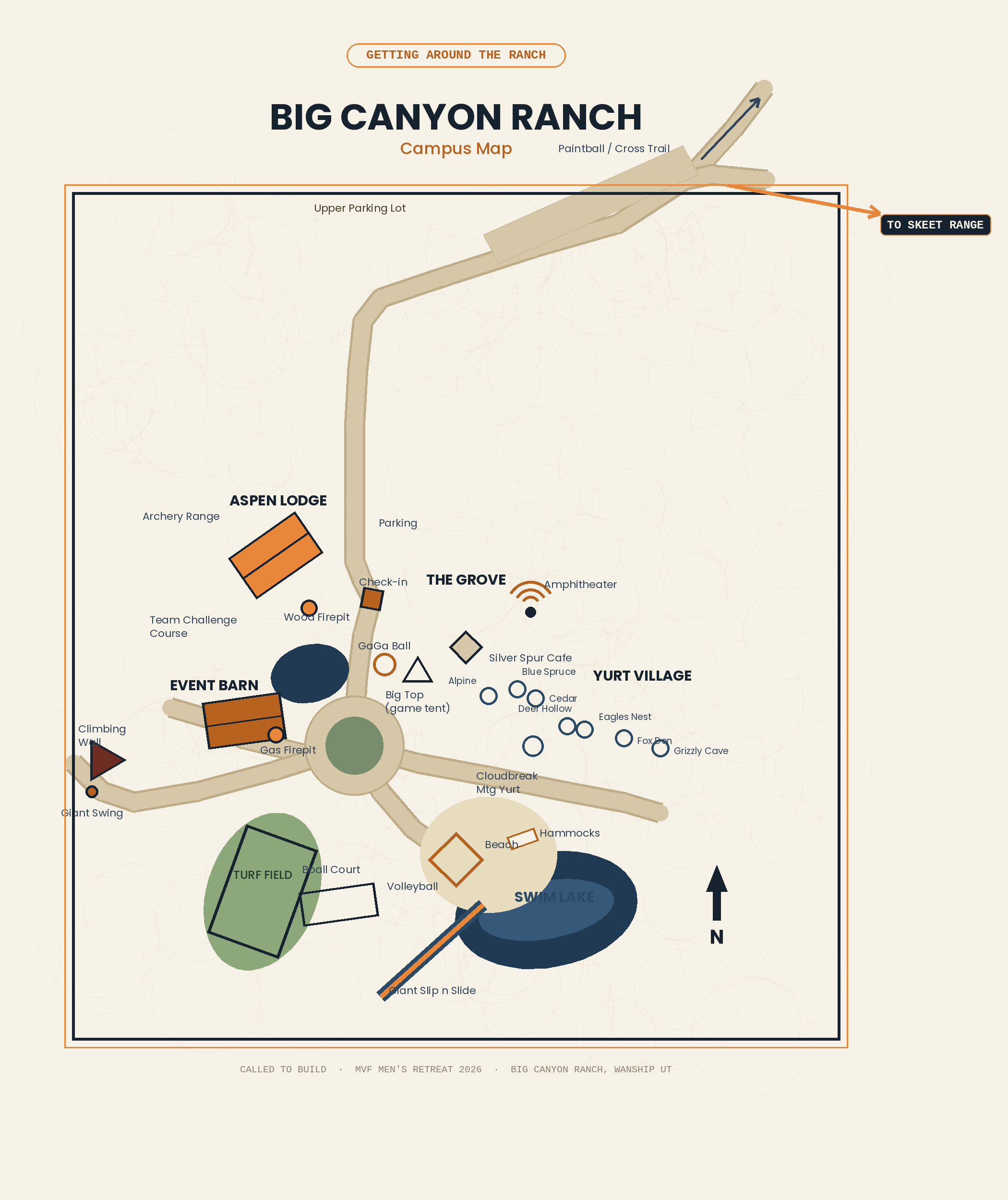 Big Canyon Ranch campus map, showing Aspen Lodge, Event Barn, Yurt Village, Swim Lake, Turf Field, and the route to the skeet range